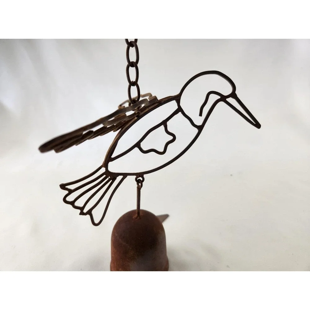 Vintage Cast Iron Hummingbird Wind Chime Primitive Rustic Metal Bell Bird